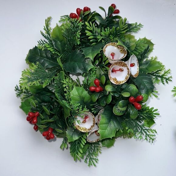 Two vintage Christmas plastic greenery candle wreaths with white bells - Picture 2 of 6